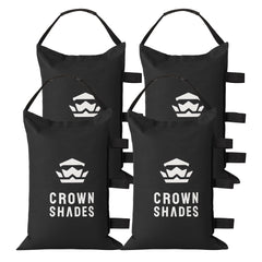 CROWN SHADES front view showing bag attached to canopy leg for secure anchoring