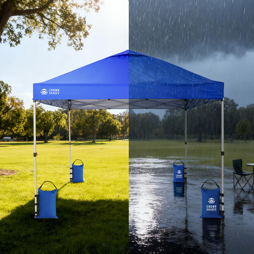 CROWN SHADES sand bags securing a busy market booth in a lifestyle scene