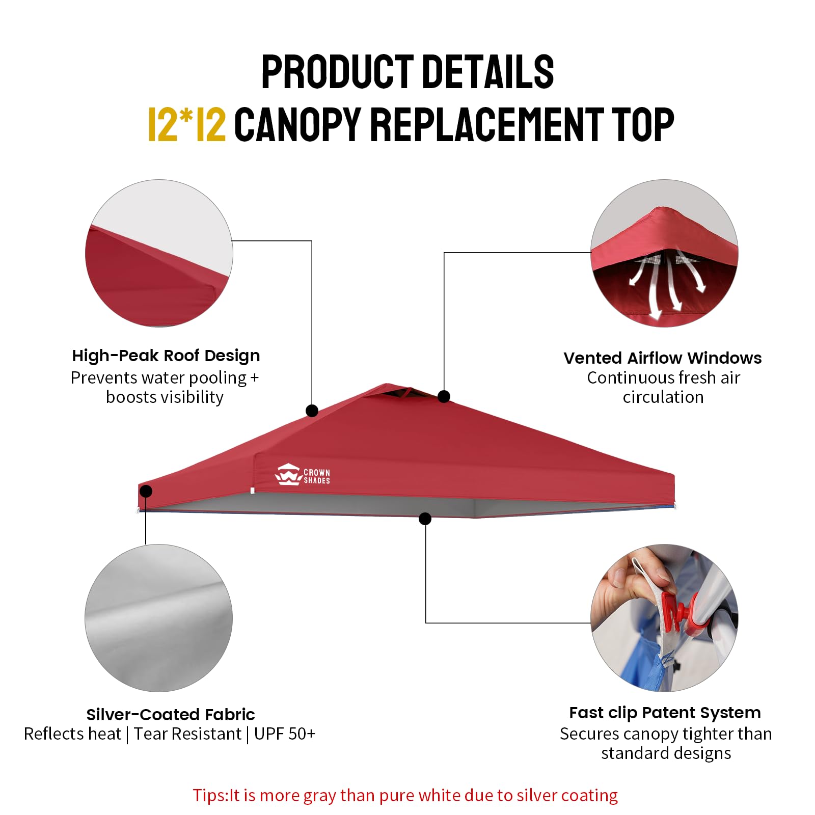CROWN SHADES red replacement top installed at backyard event offering shaded space