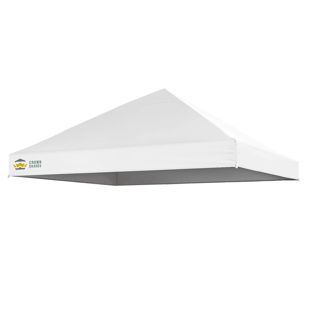 CROWN SHADES front view of white 8x8 replacement top showing full coverage and neat fit