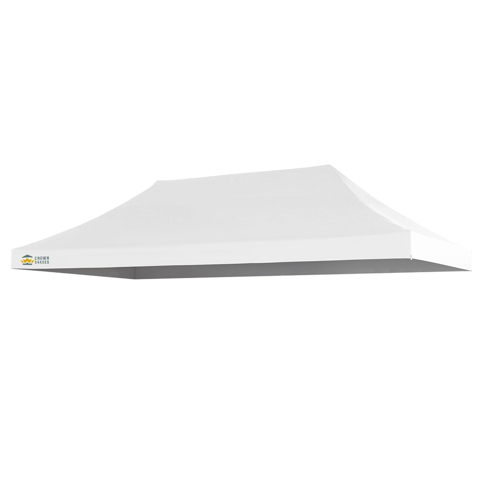 CROWN SHADES front view of white 10x20 top showing full coverage benefit