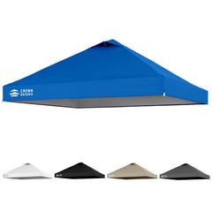 CROWN SHADES front view of blue 10x10 top showing full coverage and neat fit