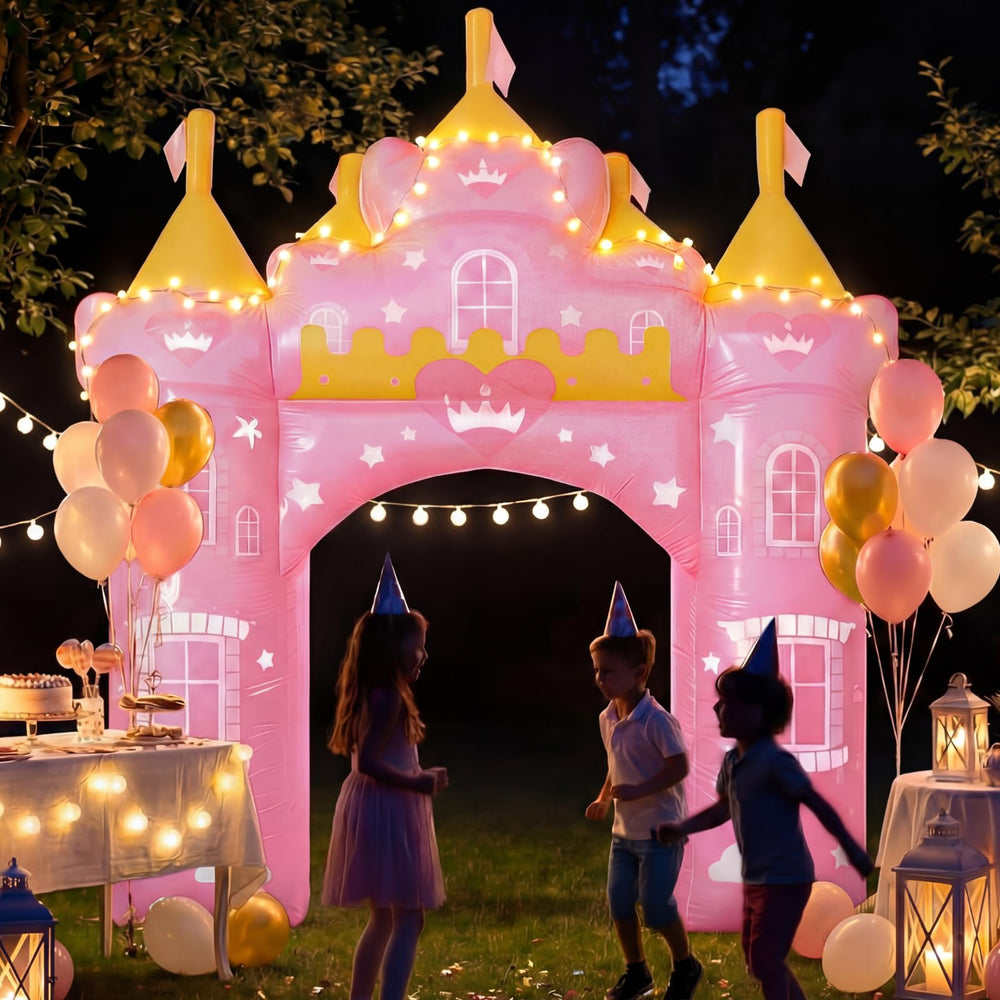 Crowye front view of pink princess arch creating dramatic party entrance