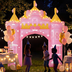 Crowye front view of pink princess arch creating dramatic party entrance