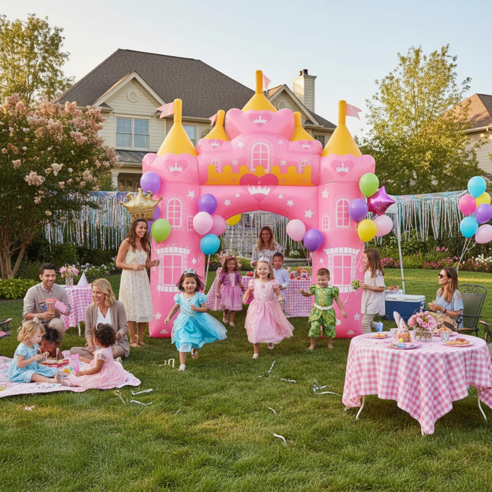 Crowye pink castle arch at garden party enhancing festive atmosphere