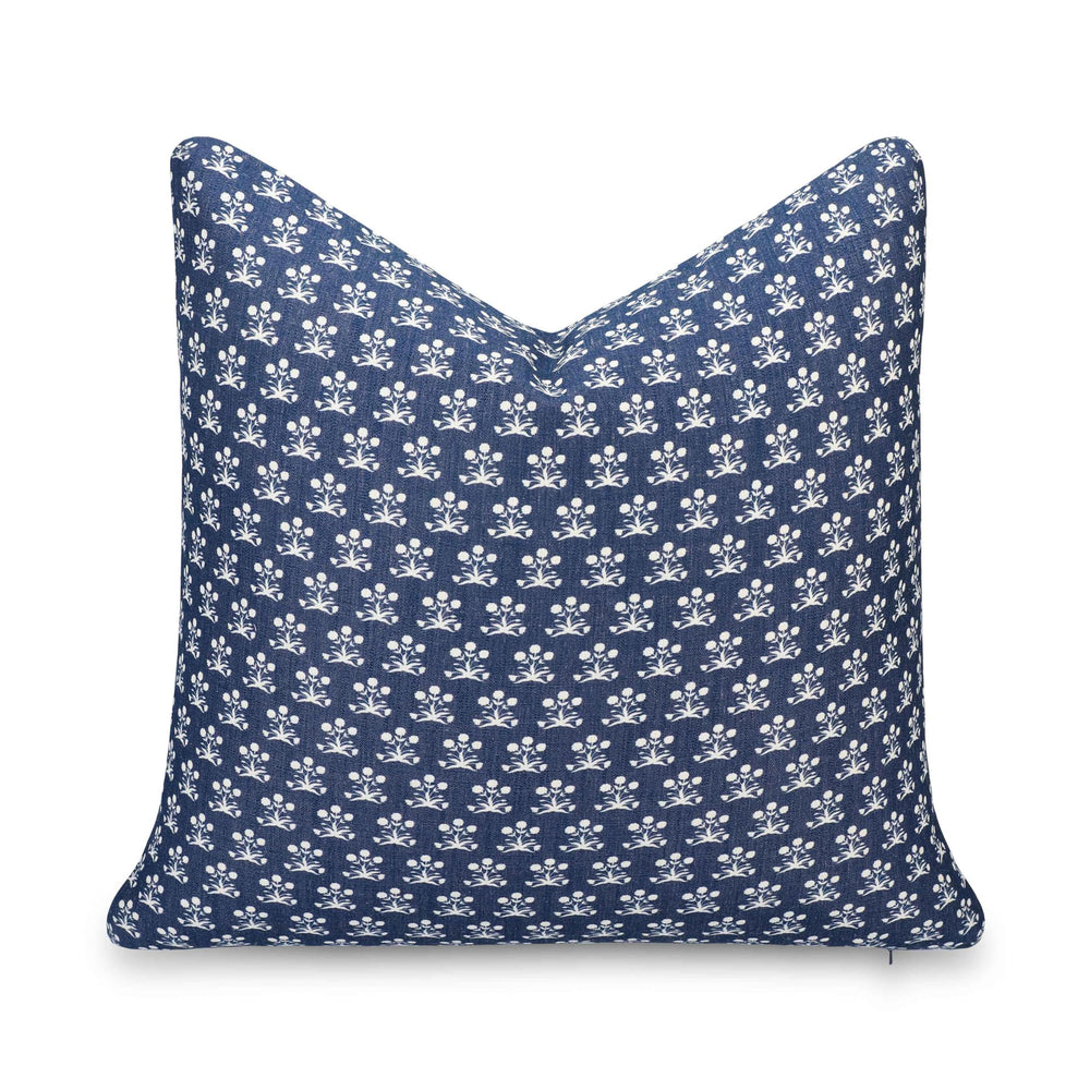 Crumbs Home front view of dark navy floral cover showing pattern and shape, adds coastal charm