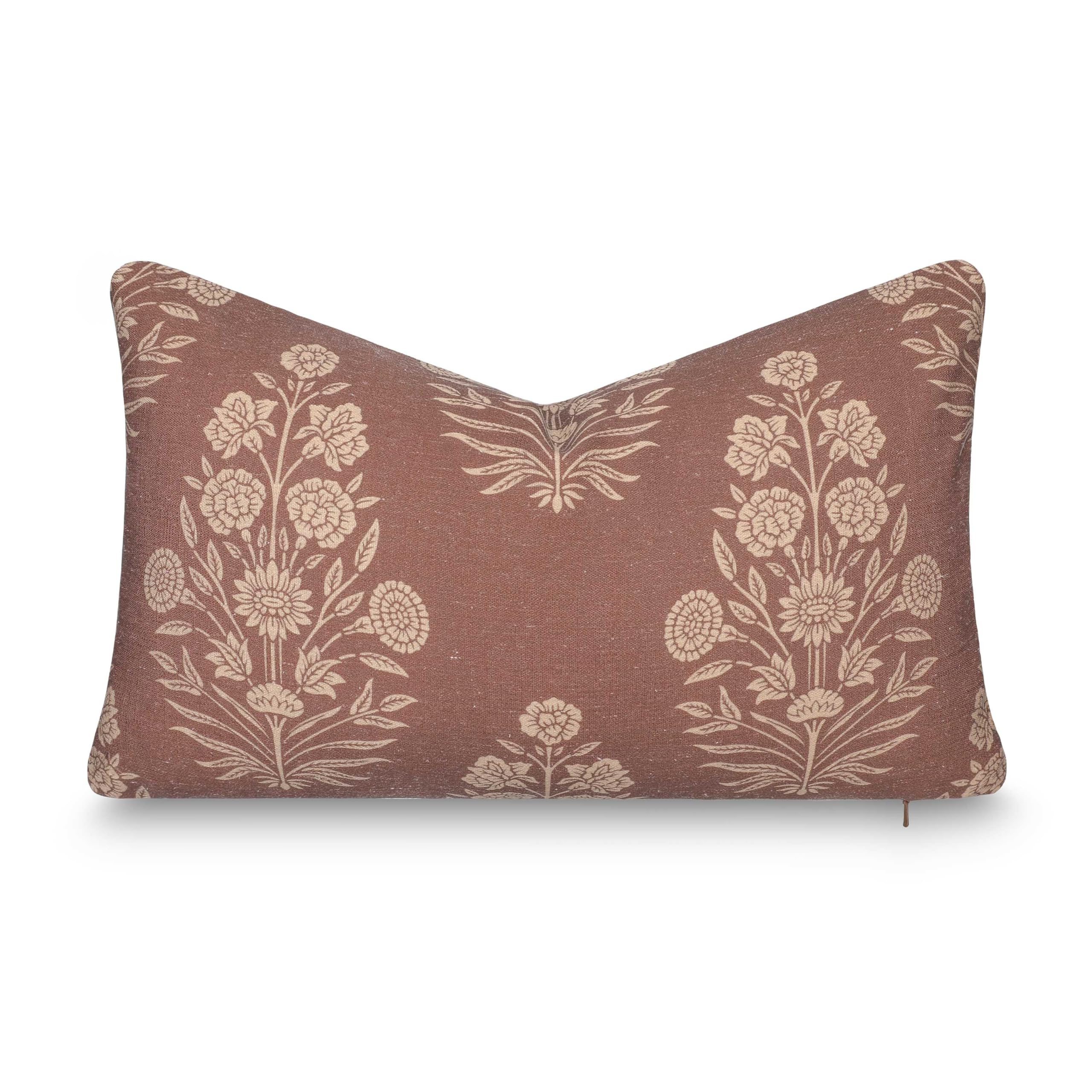 Crumbs Home front view of cocoa brown floral lumbar cover shows stylish outdoor appeal
