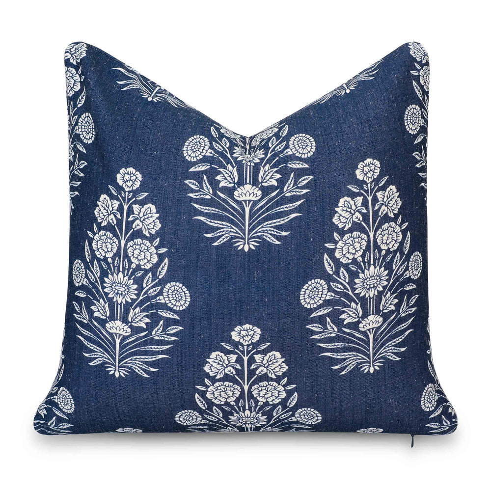 Crumbs Home front view dark navy floral pillow cover shows coastal style benefit