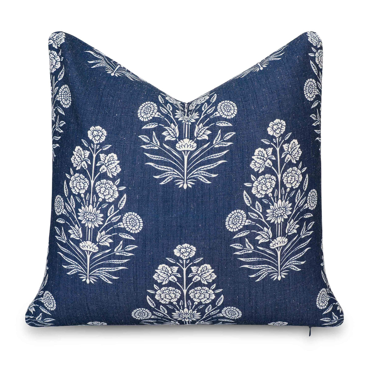 Crumbs Home front view dark navy floral pillow cover shows coastal style benefit