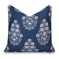 Crumbs Home front view dark navy floral pillow cover shows coastal style benefit