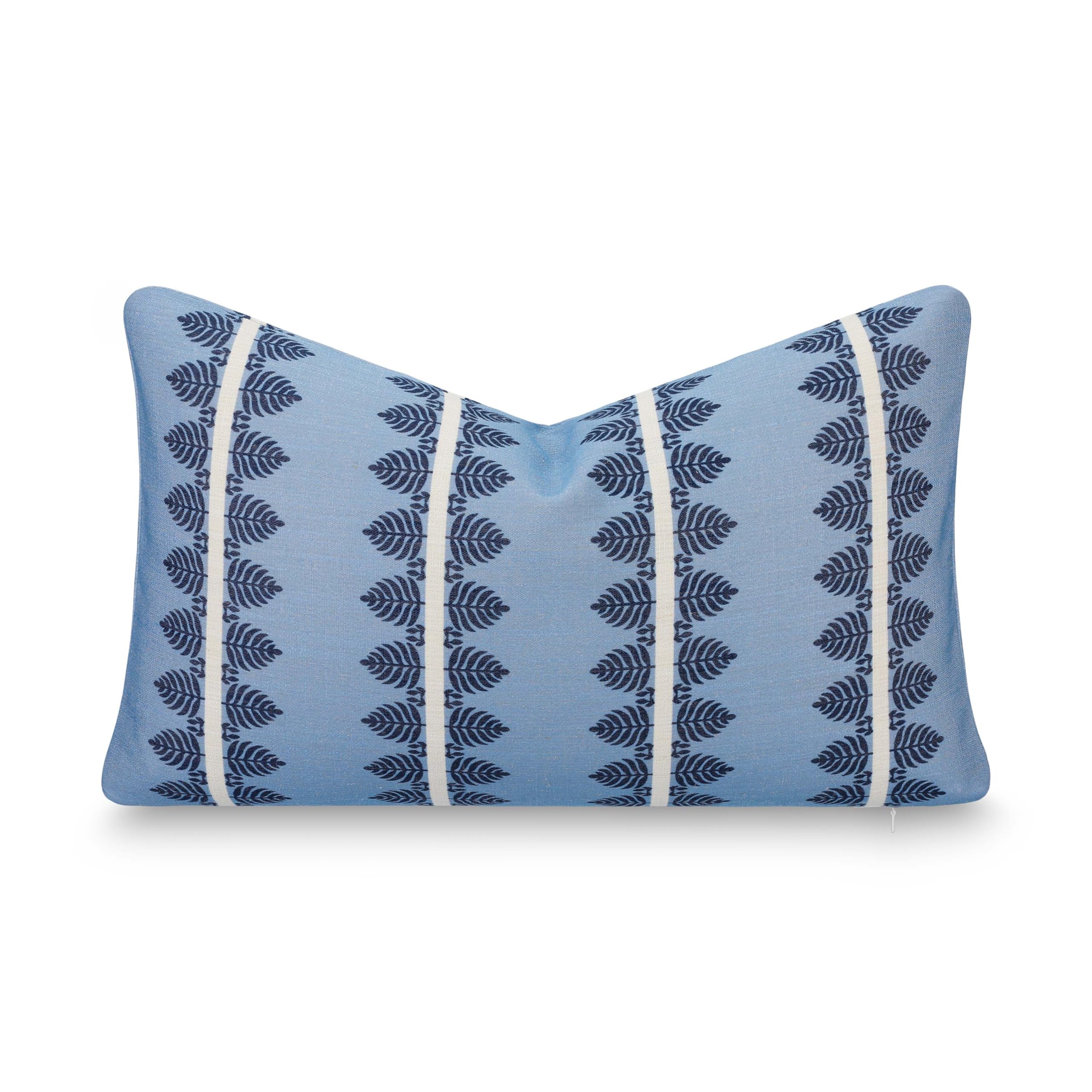 Crumbs Home front view of dark navy lumbar cover showing coastal print and visual impact