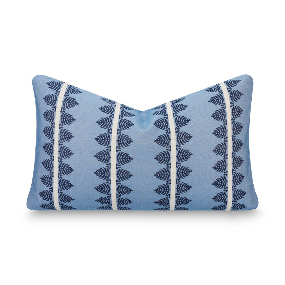 Crumbs Home front view of dark navy lumbar cover showing coastal print and visual impact