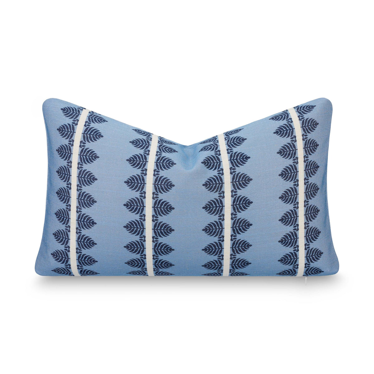 Crumbs Home front view of dark navy lumbar cover showing coastal print and visual impact
