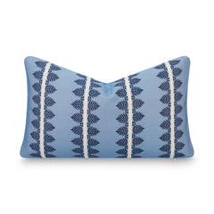 Crumbs Home front view of dark navy lumbar cover showing coastal print and visual impact