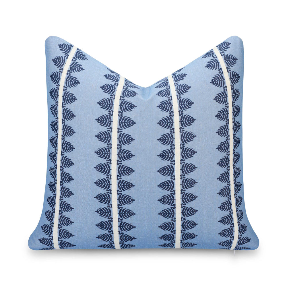 Crumbs Home front view of dark navy coastal pillow cover showing pattern and benefit of stylish accent