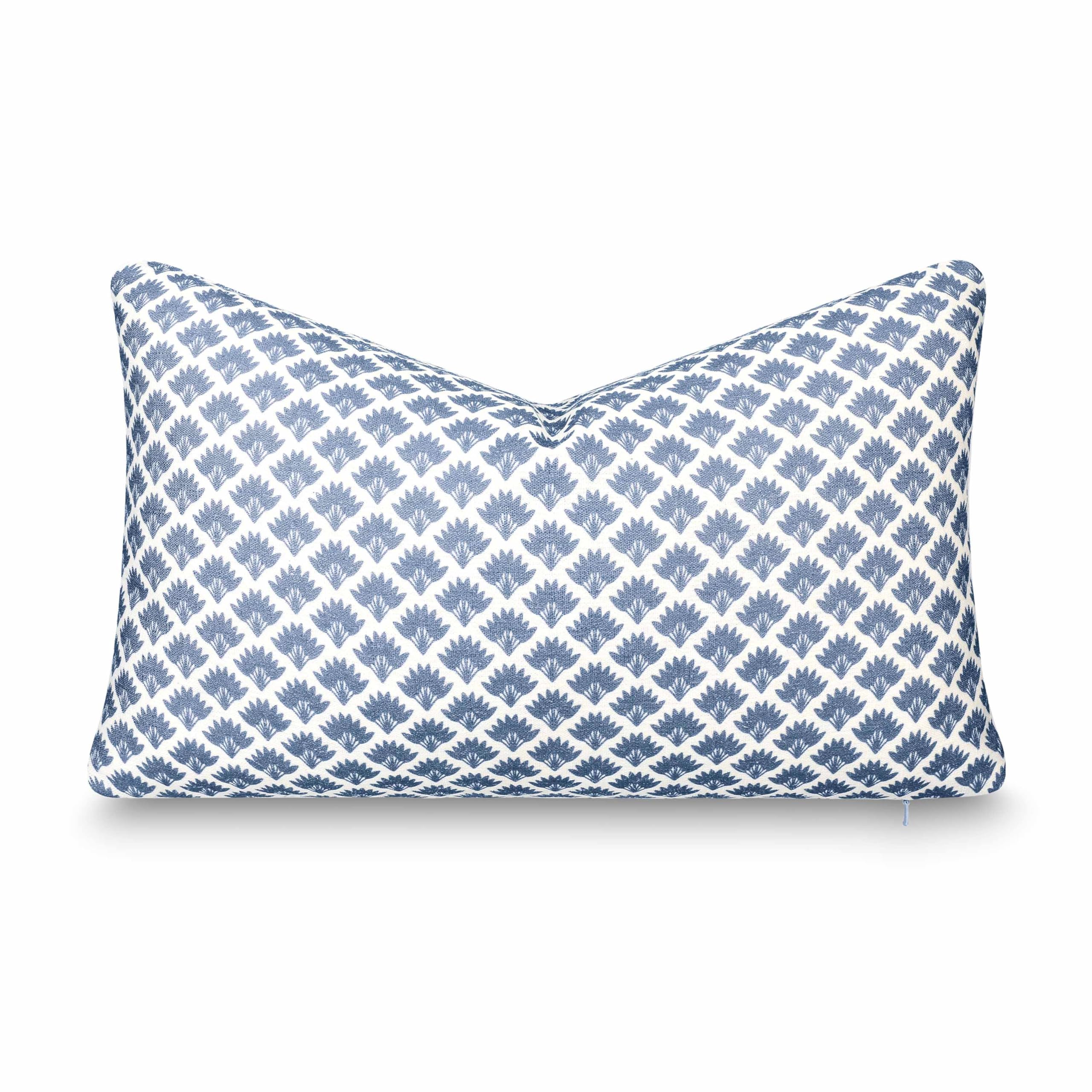 Crumbs Home front view of azure palm lumbar cover showing coastal motif and relaxed style
