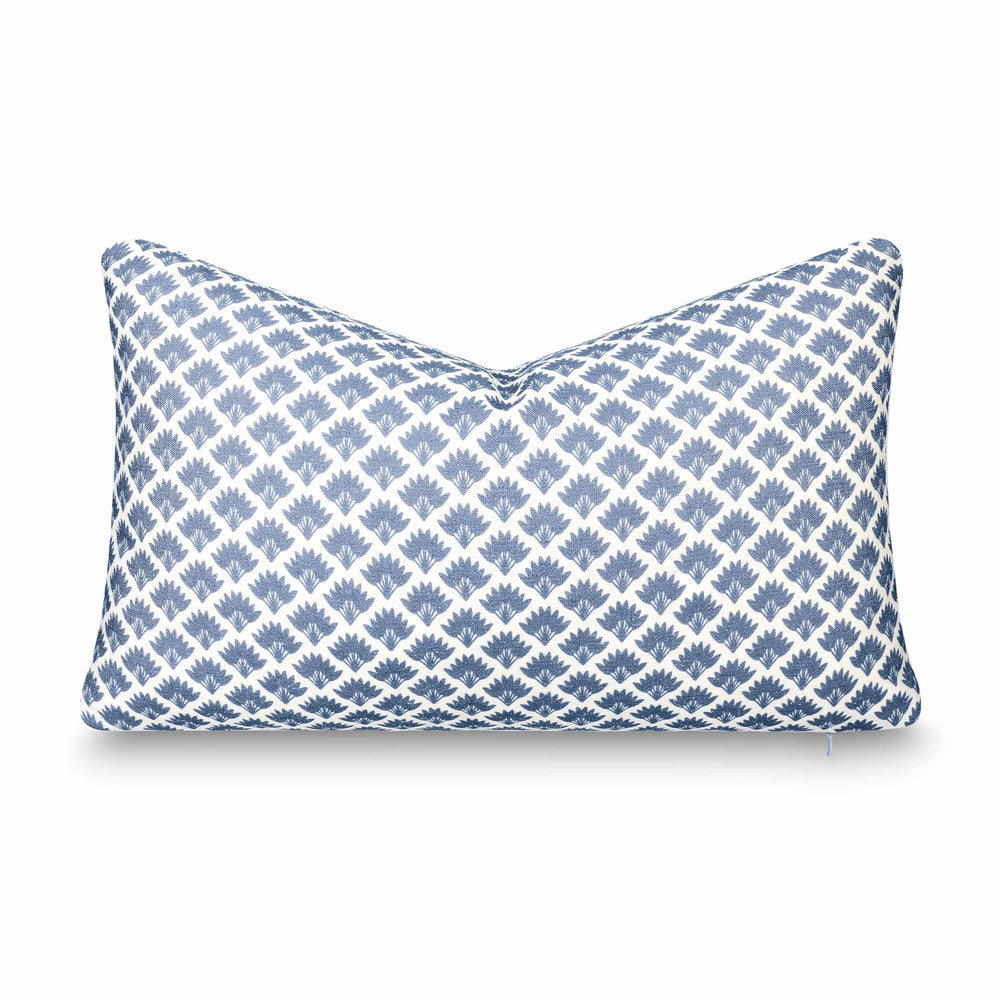 Crumbs Home front view of azure palm lumbar cover showing coastal motif and relaxed style