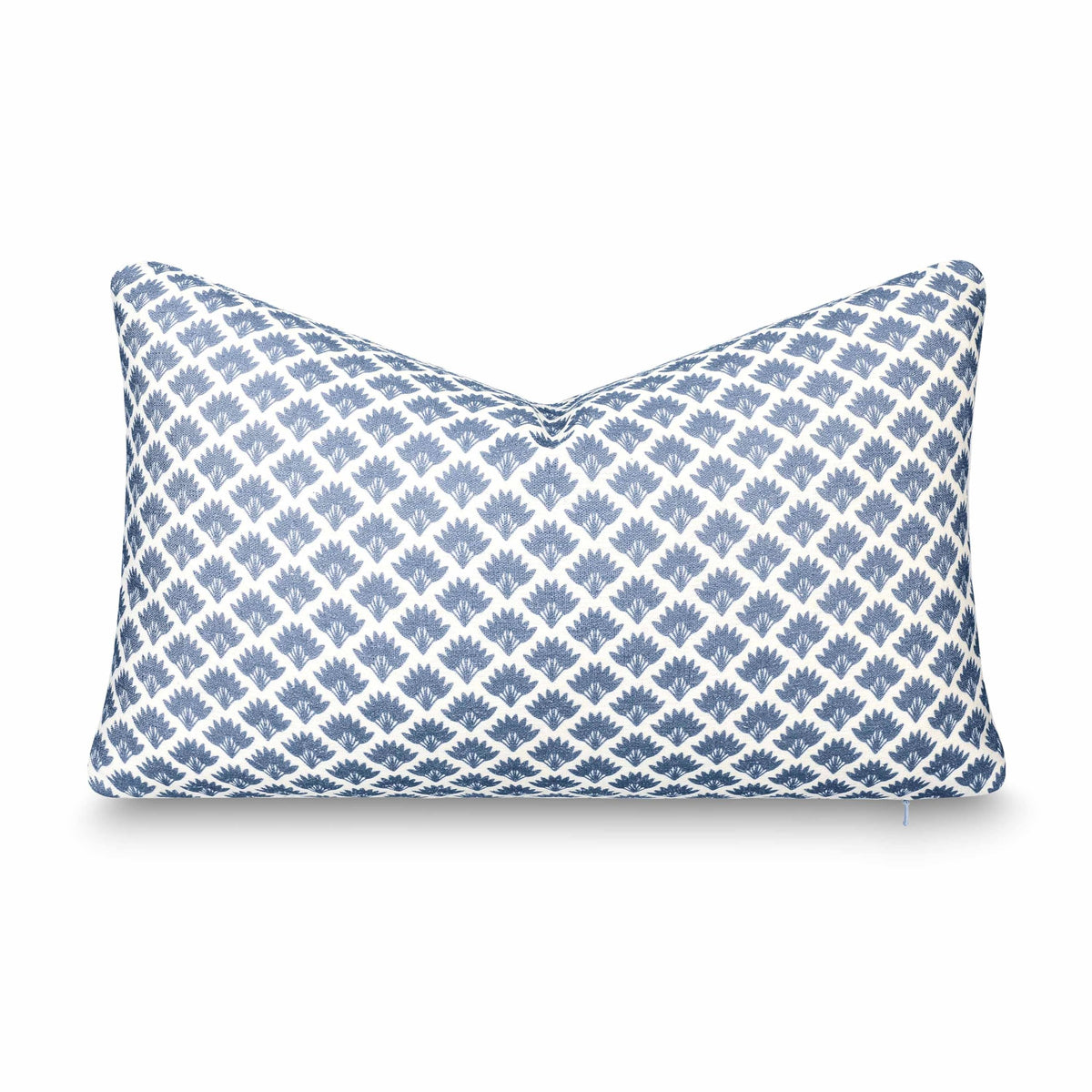 Crumbs Home front view of azure palm lumbar cover showing coastal motif and relaxed style