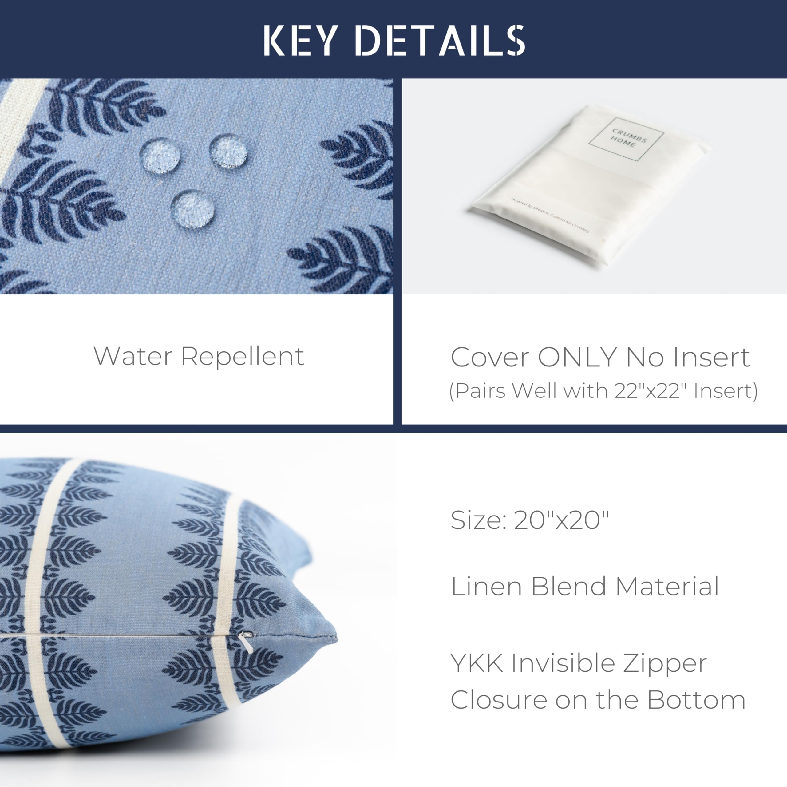 Crumbs Home pillow beside 22" insert showing ideal fill and sizing guidance benefit