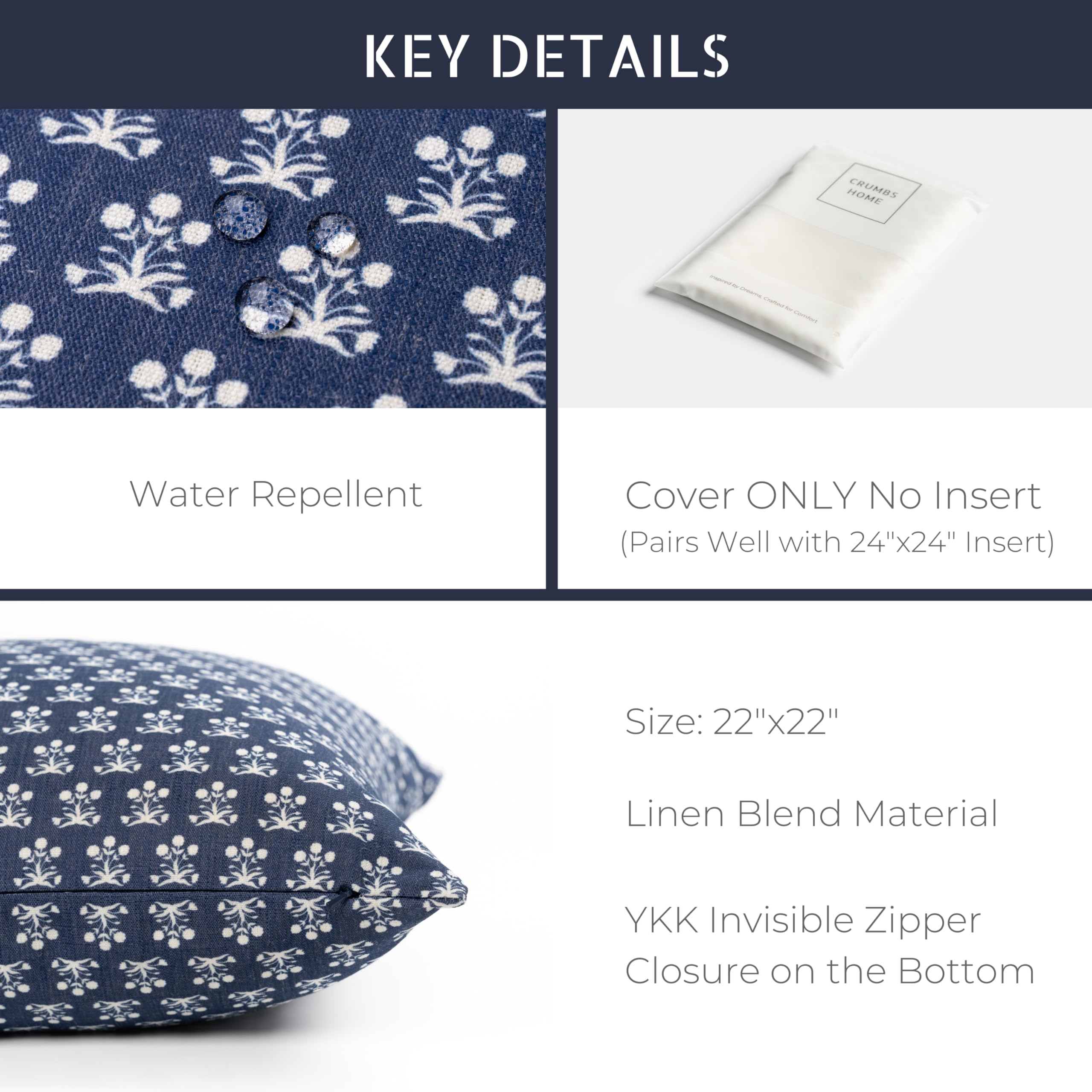 Crumbs Home cover fitted over 24-inch insert demonstrating full, rounded pillow silhouette