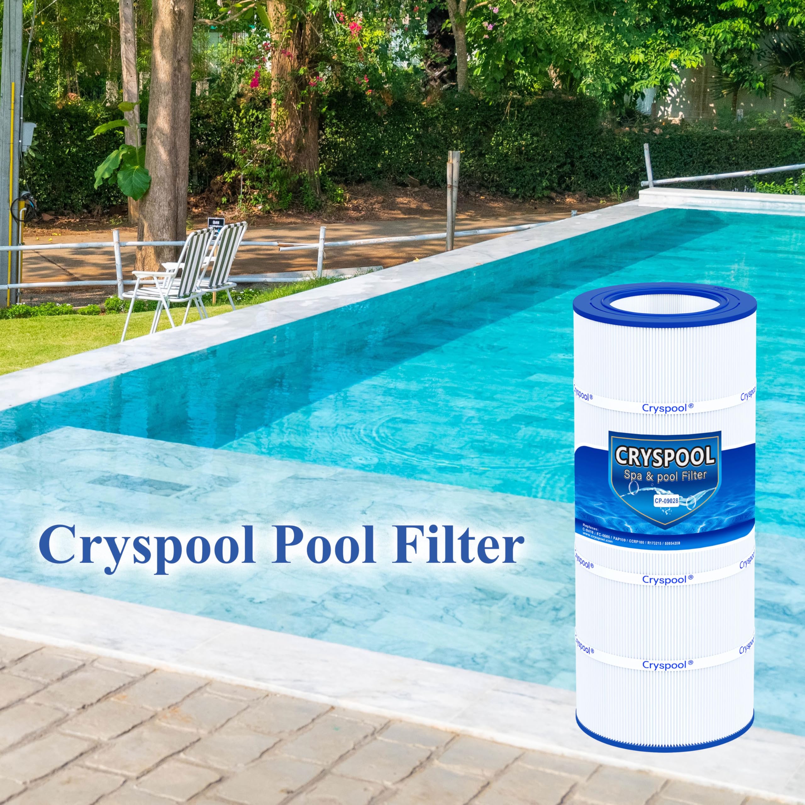 Cryspool cartridge beside clear pool scene illustrating cleaner water benefit