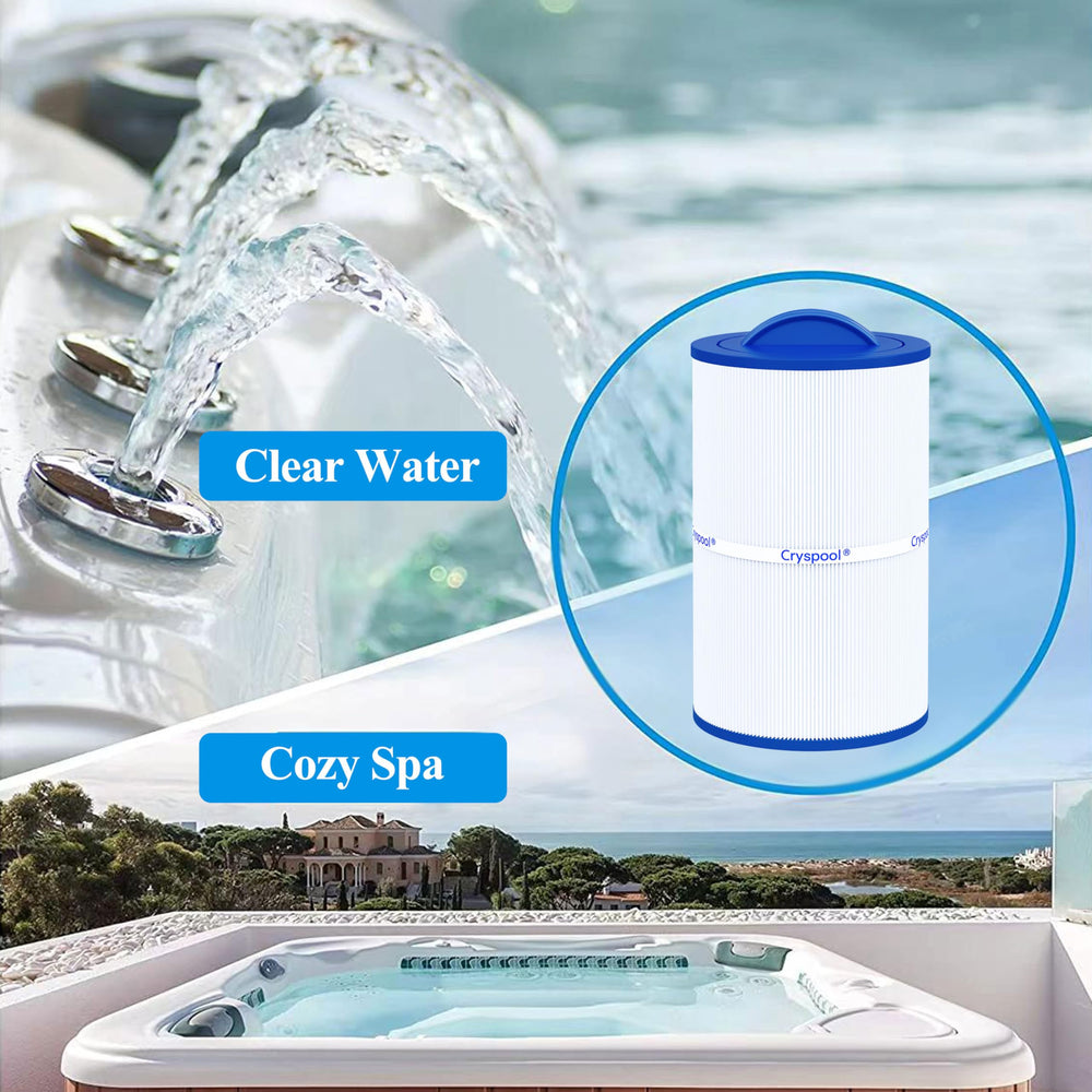Cryspool filter in a clean spa setting illustrating clearer water performance