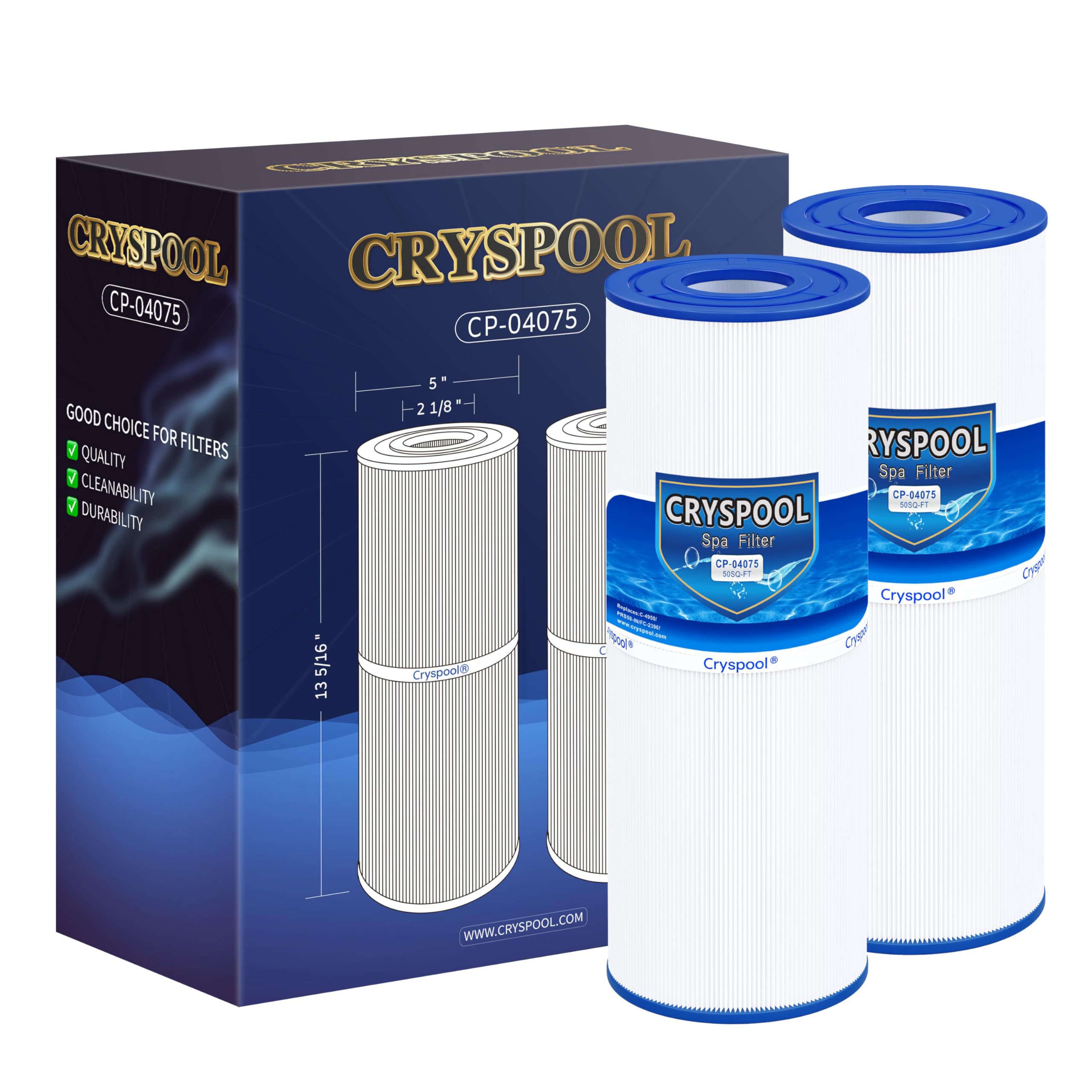 Cryspool filtro frontal empaquetado mostrando ajuste universal y confianza