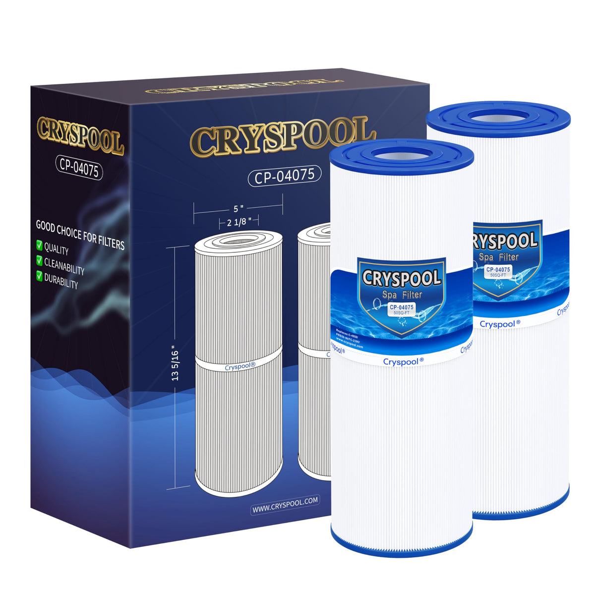 Cryspool filtro frontal empaquetado mostrando ajuste universal y confianza