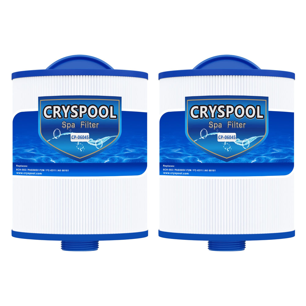 Cryspool two-pack spa filters front view showing fit and packaging benefit