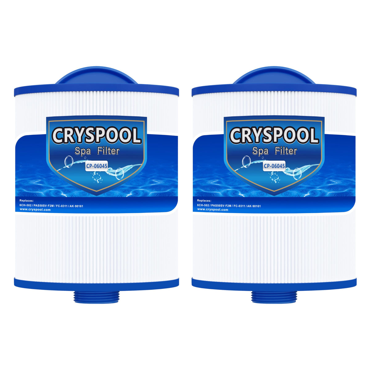 Cryspool two-pack spa filters front view showing fit and packaging benefit