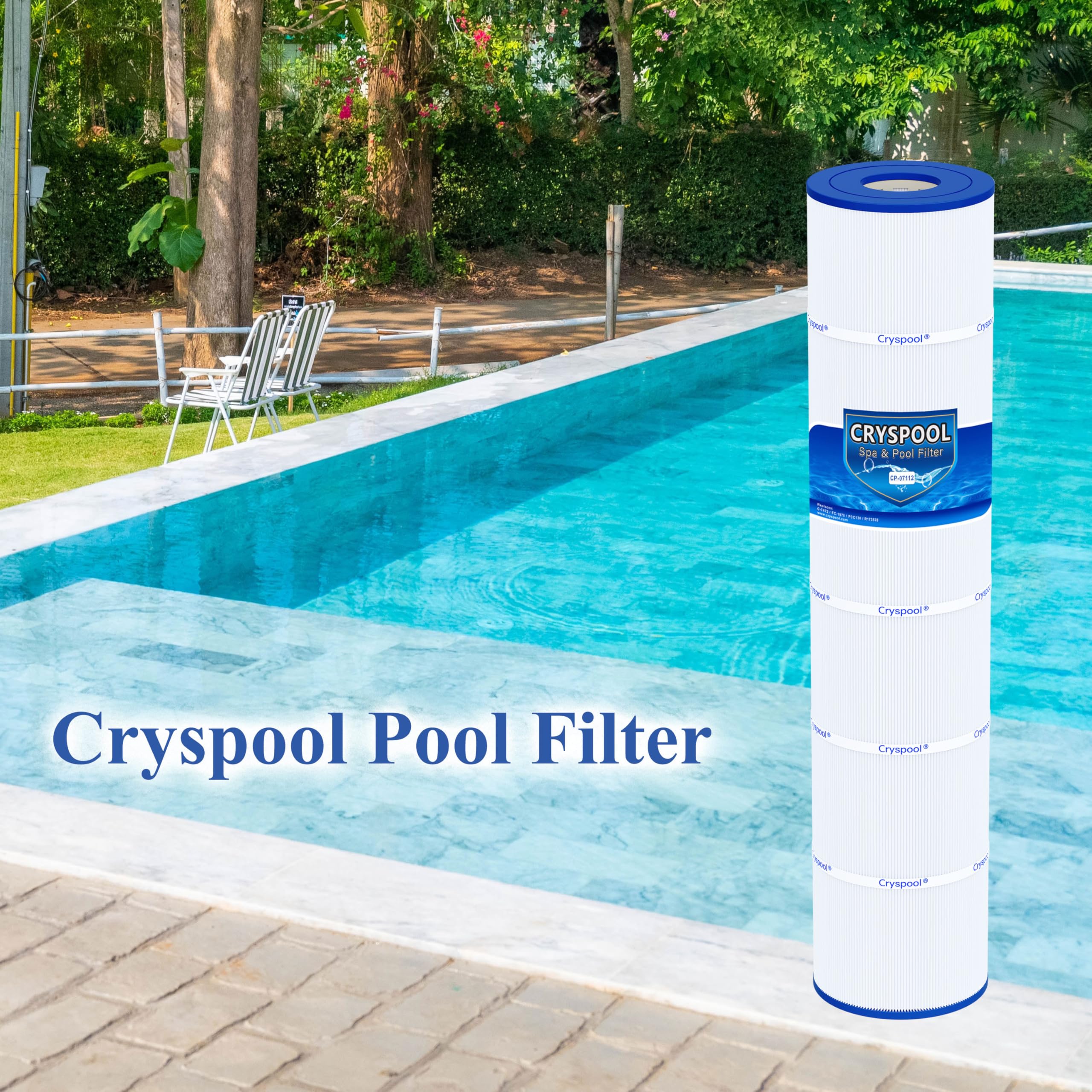Cryspool lifestyle poolside view showing clear pool water after cartridge use visual reassurance benefit