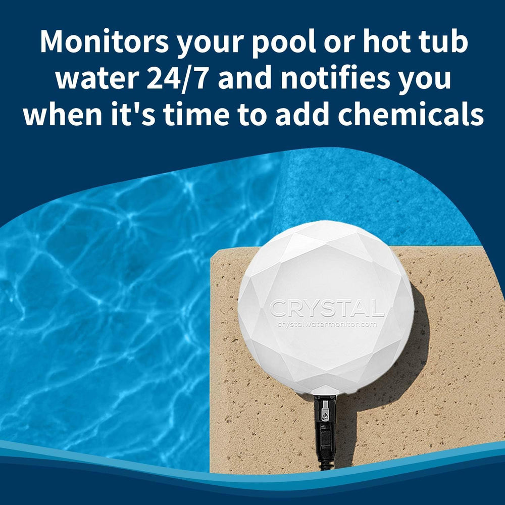 Crystal Water Monitor app interface on phone with readings and dosing advice benefit