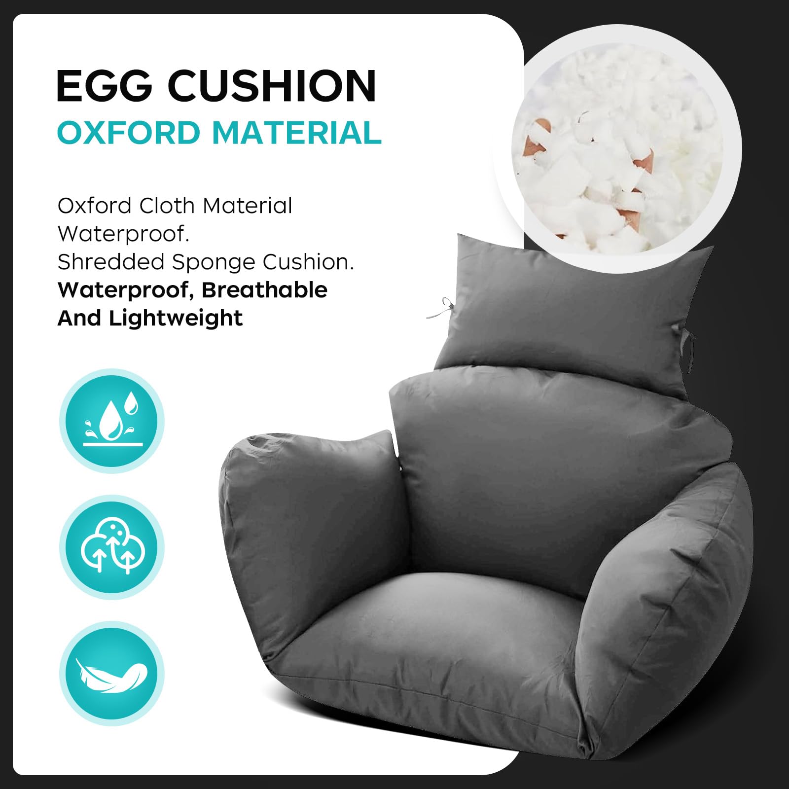 CTLAMK cushion installed in hanging egg chair on patio for relaxing outdoors