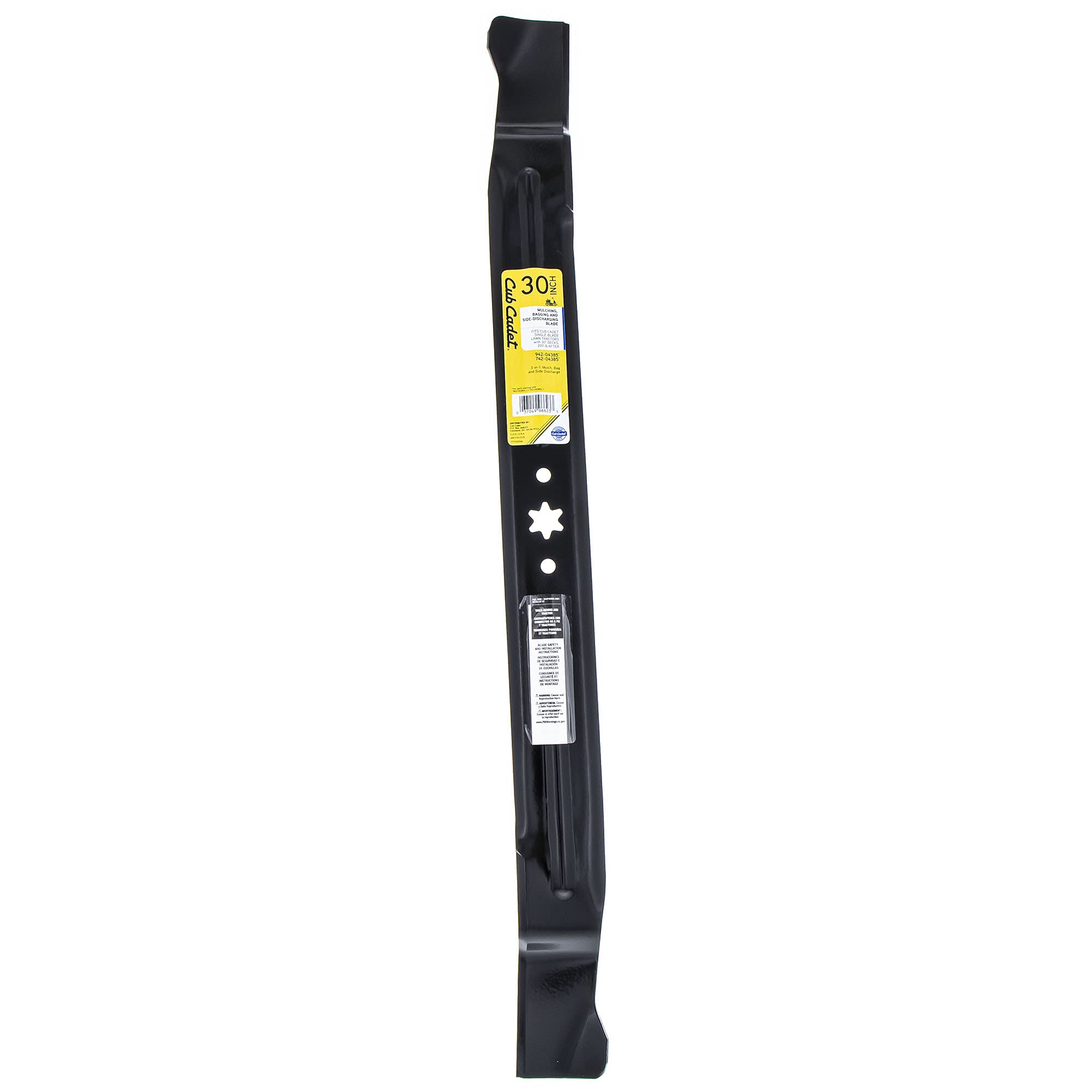 CUB CADET front view of 30-inch OEM blade showing mounting hole pattern and benefits precision fit
