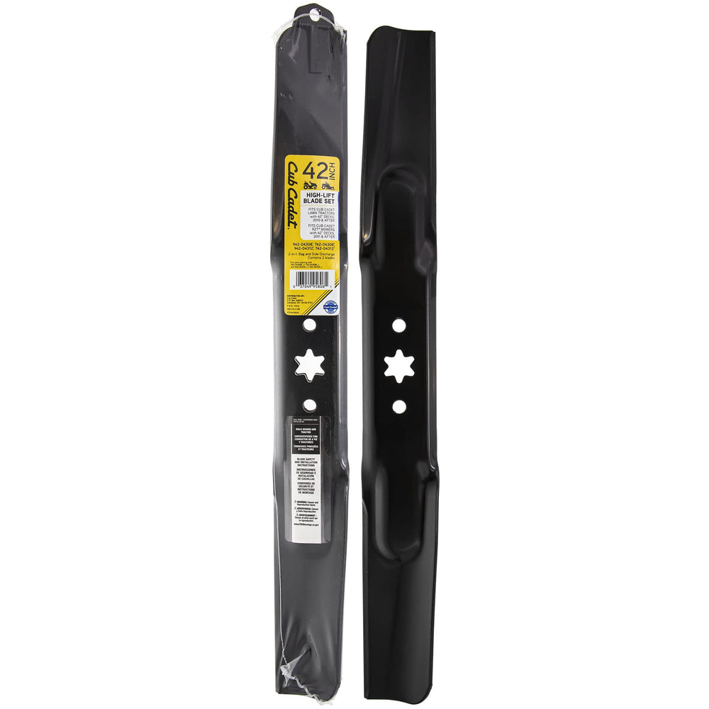 CUB CADET front view of packaged 42-inch blade set showing factory labeling and fit