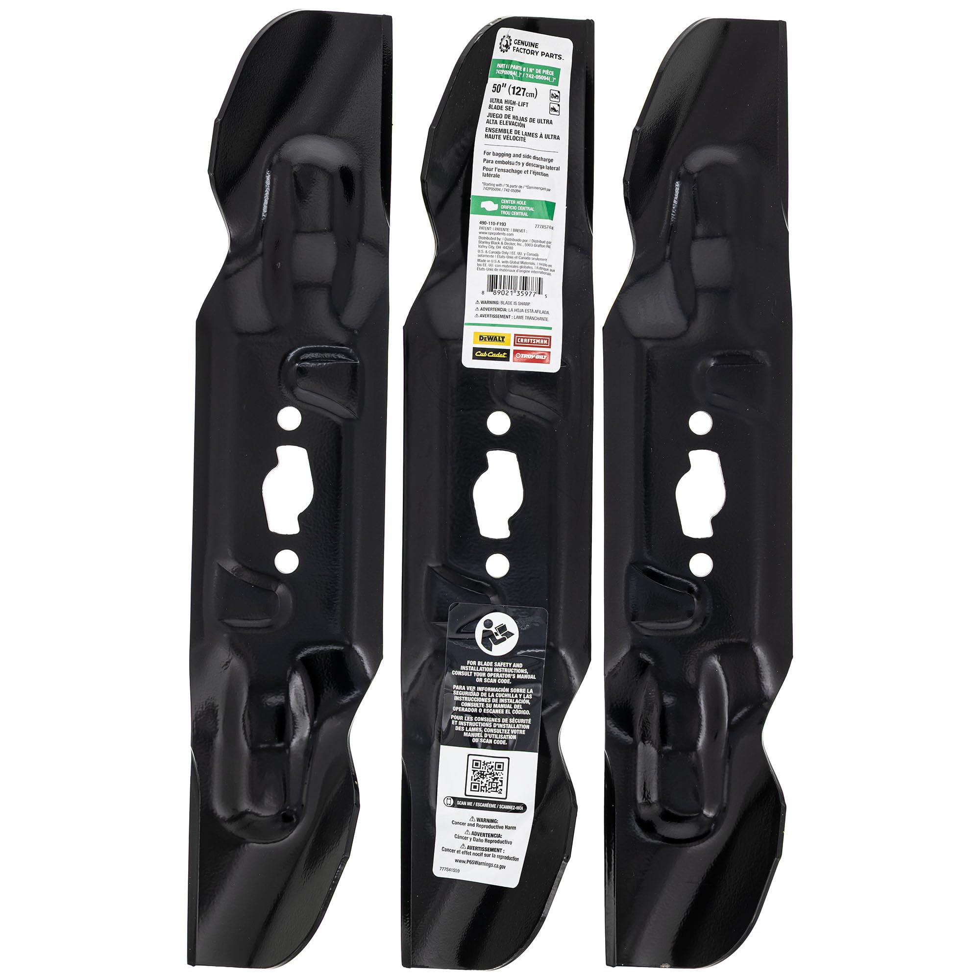 CUB CADET front view of 50 inch blade set showing OEM fit for clean cutting