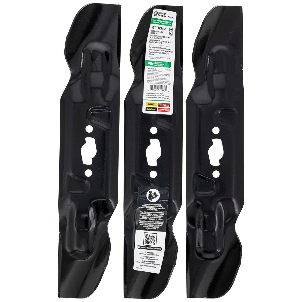 CUB CADET front view of 50 inch blade set showing OEM fit for clean cutting