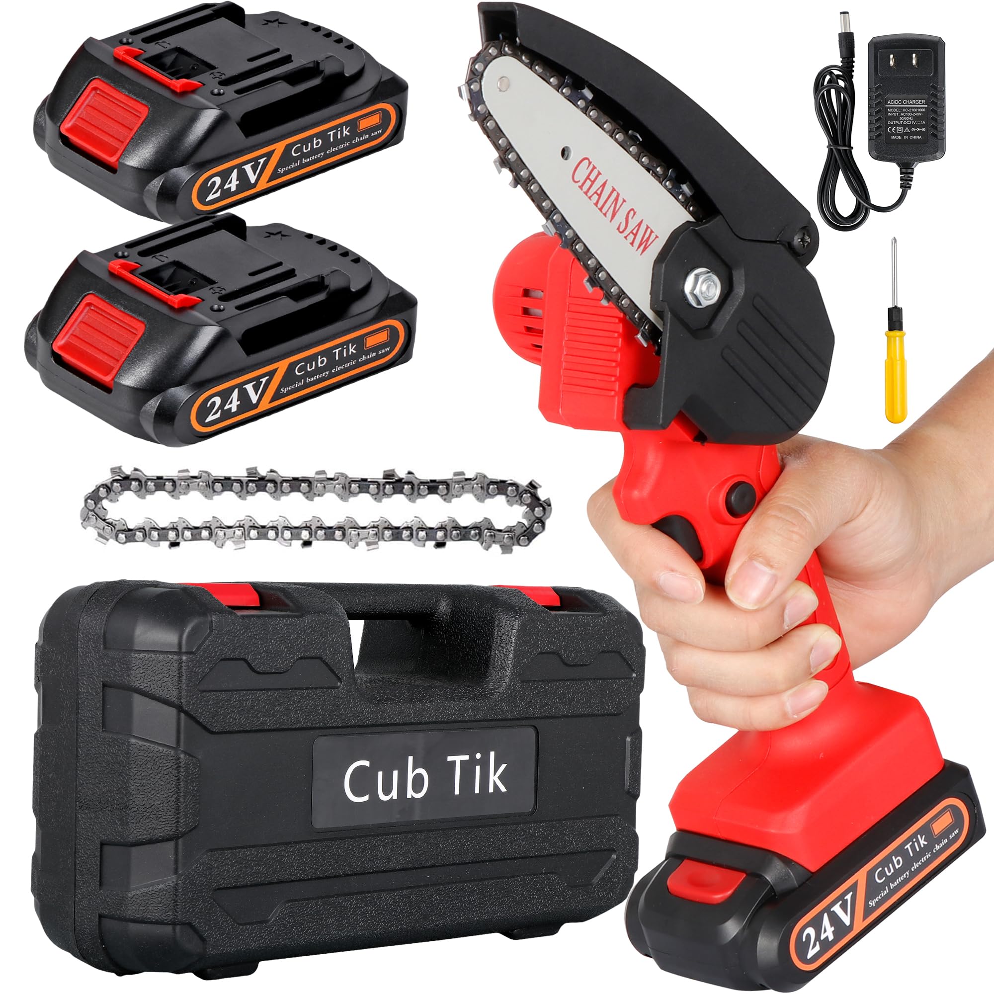 Cub Tik front view mini chainsaw showing compact design and portability benefit