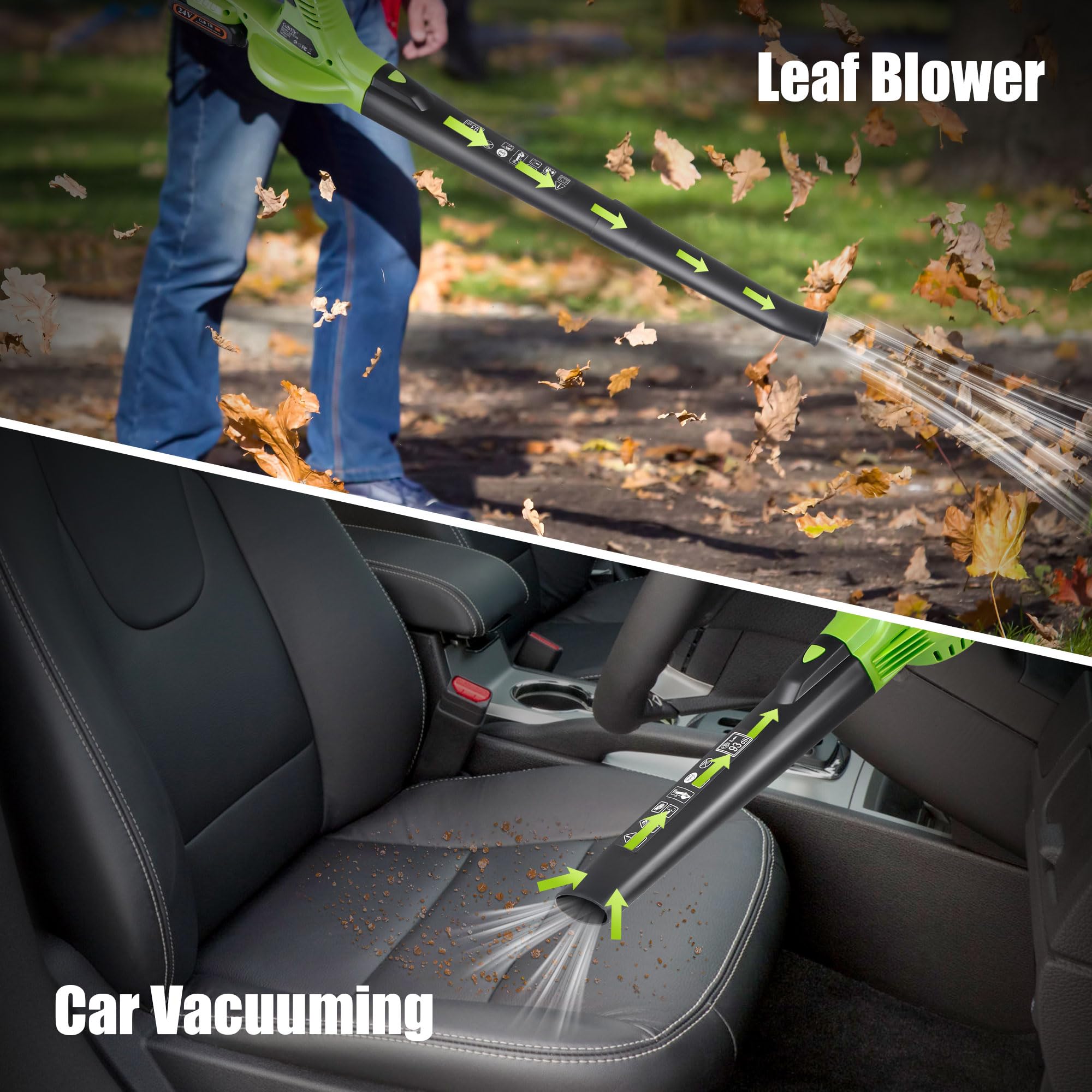 Cub Tik in use clearing dry leaves on lawn, fast cleanup benefit