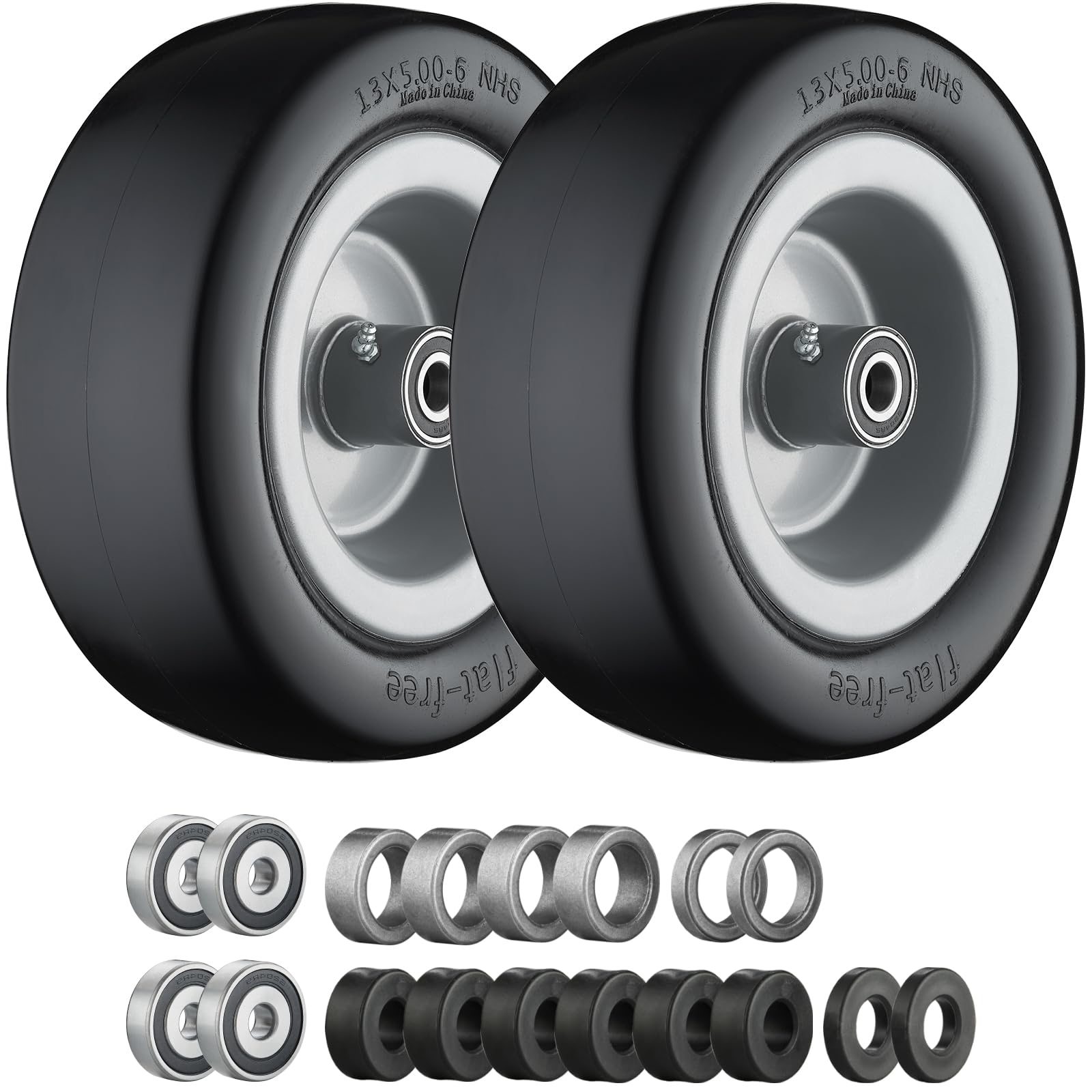 Cubesprings front view of assembled 13x5.00-6 wheel showing solid tire and rim benefit durability