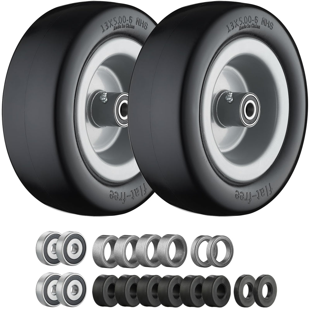 Cubesprings front view of assembled 13x5.00-6 wheel showing solid tire and rim benefit durability
