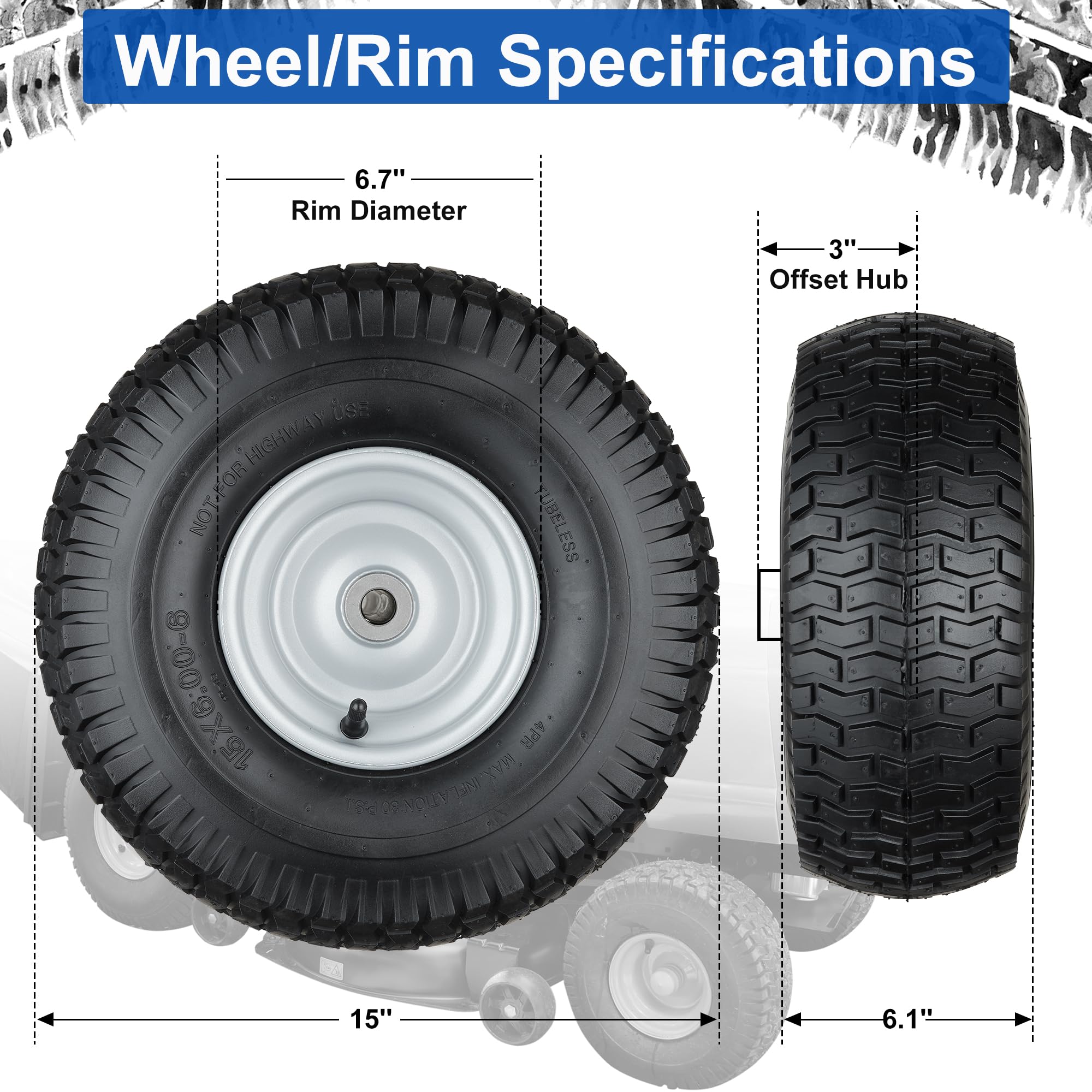 Cubesprings tire tread detail showing grip for lawn traction and smooth mowing
