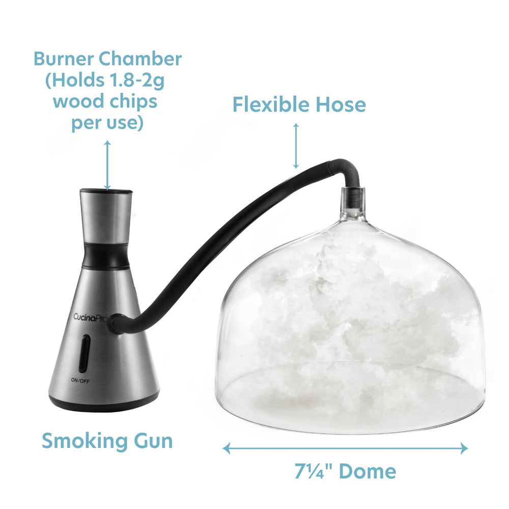 CucinaPro handheld smoker side view highlighting compact design and portability