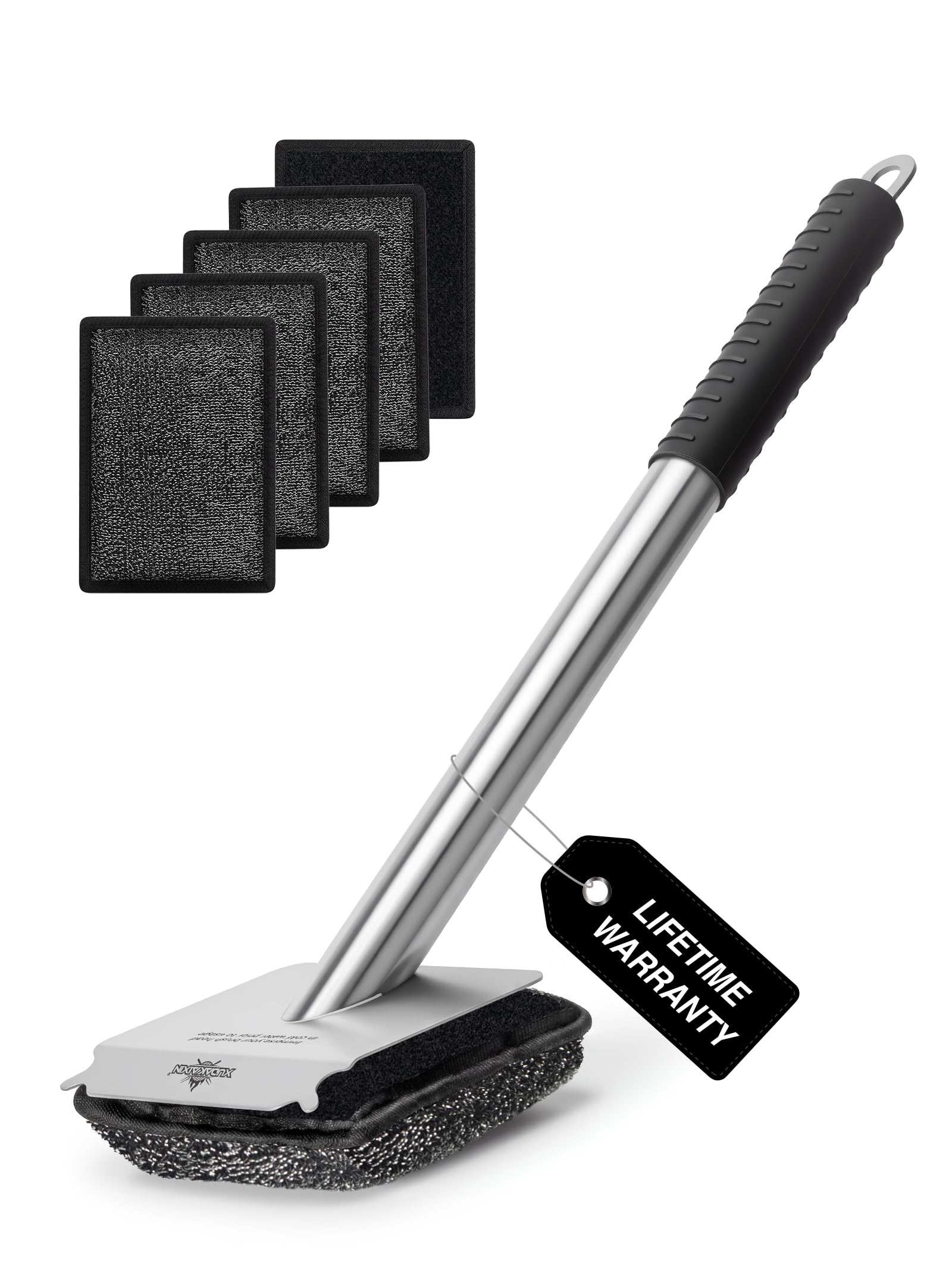 Cuexorik front view showing brush and included pads for safer grilling