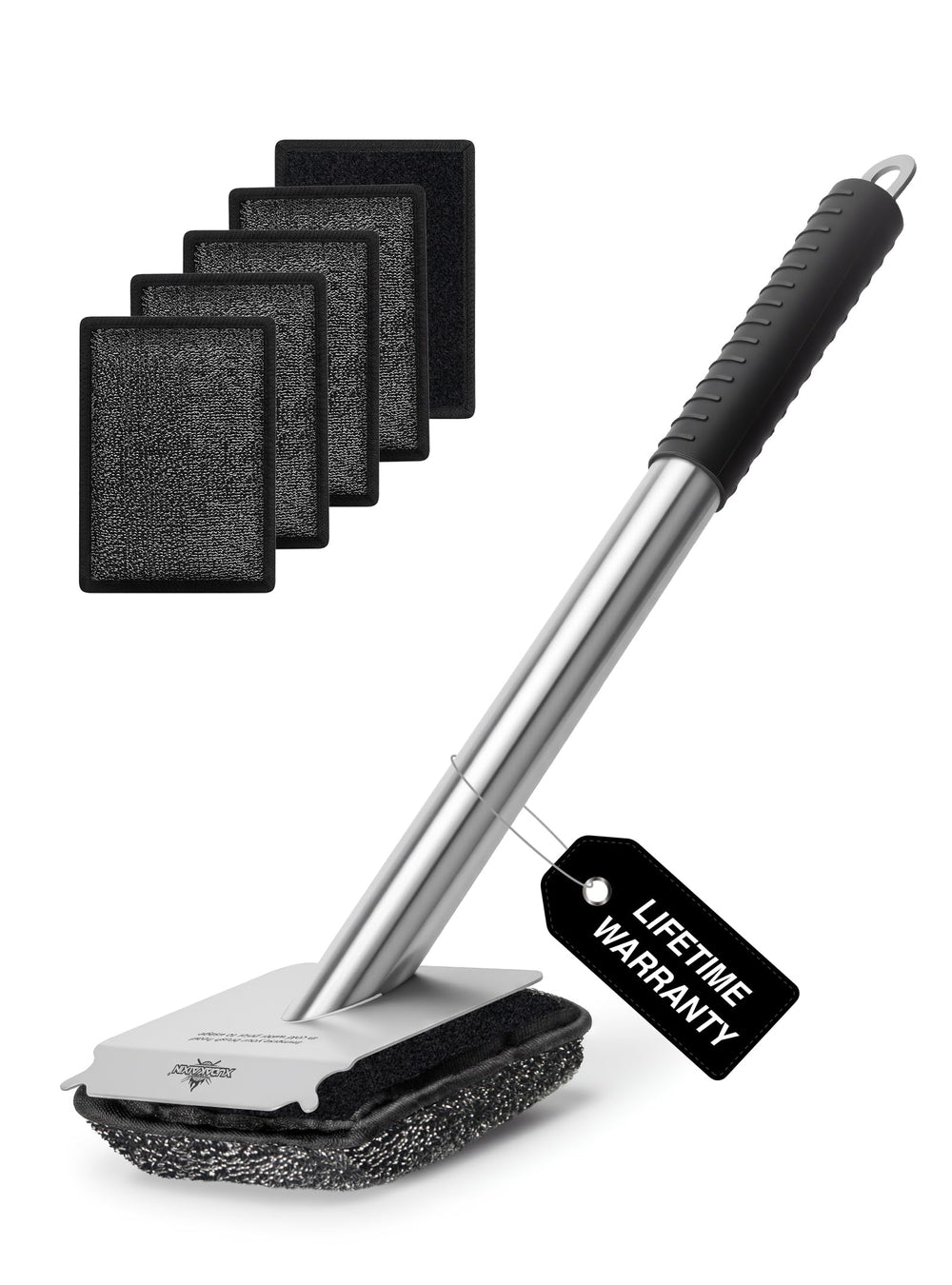 Cuexorik front view showing brush and included pads for safer grilling
