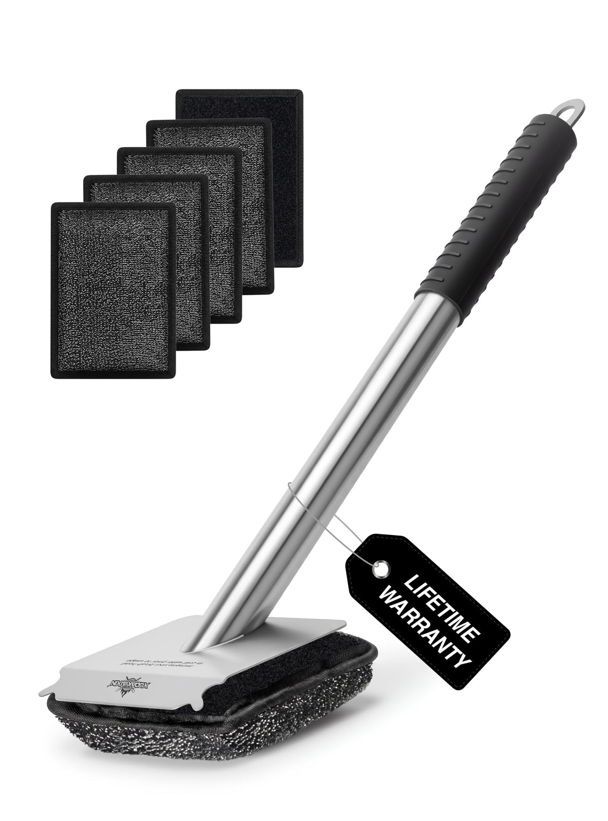Cuexorik front view showing brush and included pads for safer grilling