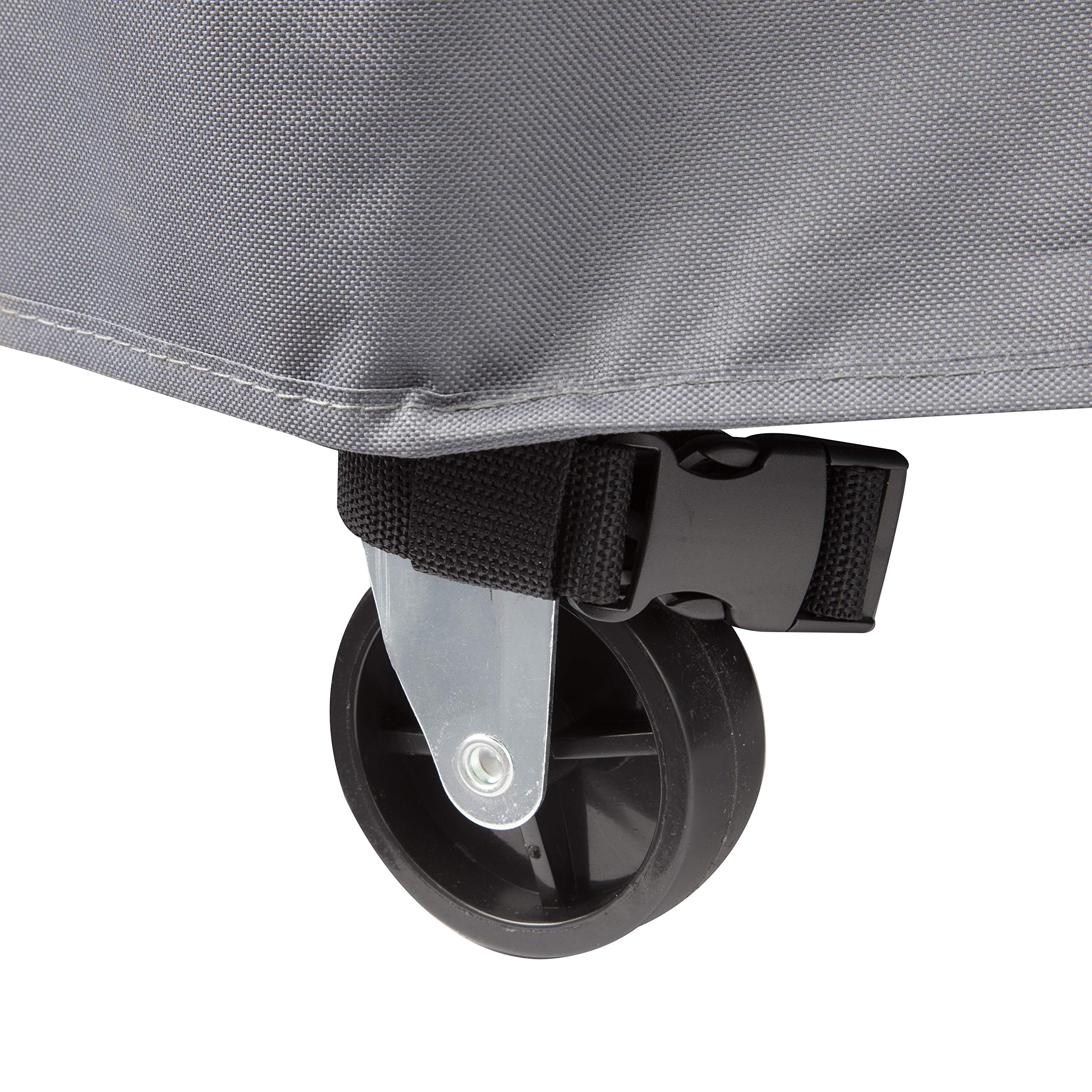 Cuisinart buckle strap clipped around wheel to prevent wind lift