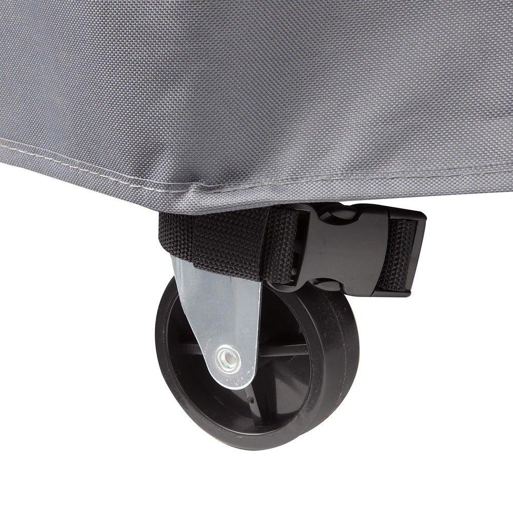 Cuisinart buckle strap clipped around wheel to prevent wind lift