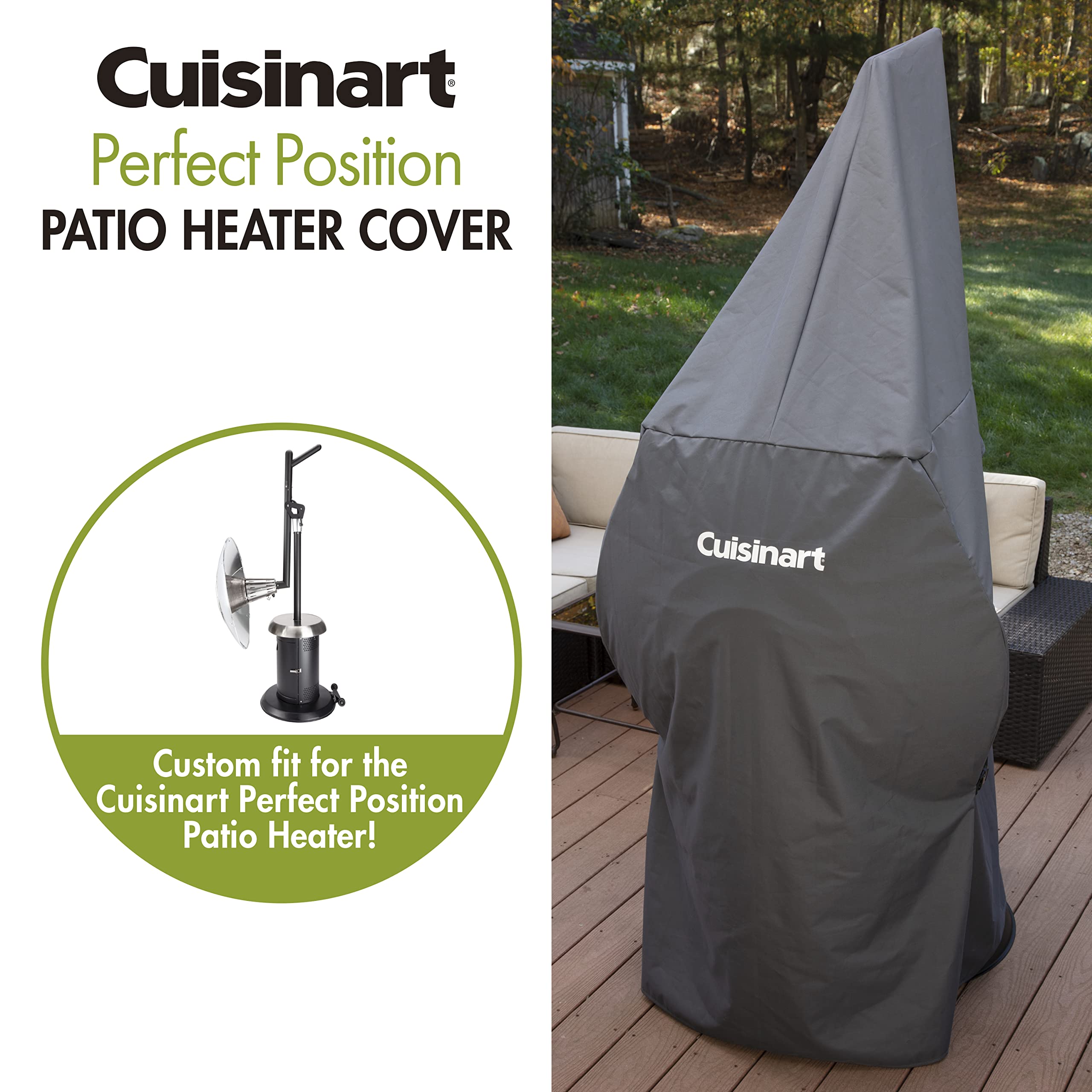 Cuisinart cover in patio scene protecting heater from weather and debris