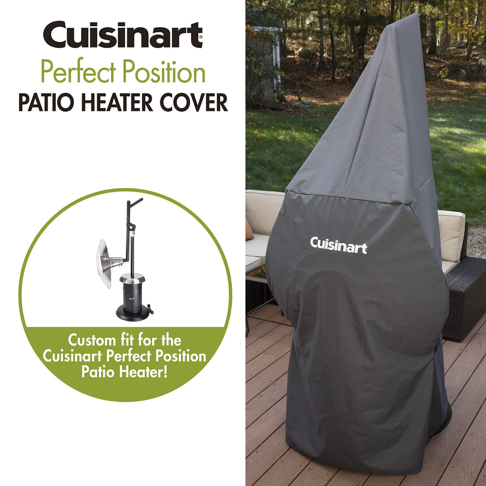 Cuisinart cover in patio scene protecting heater from weather and debris